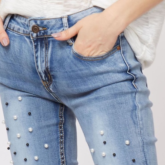 beaded trim washed skinny denim jean - Picture 4 of 8